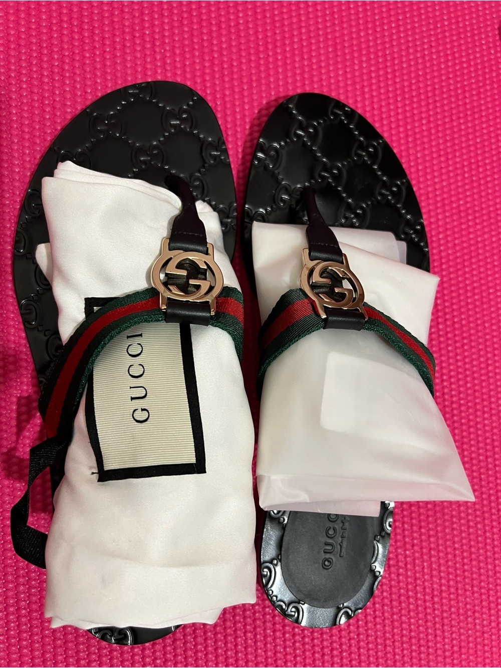 Gucci Black Leather Logo Web Ribbon Sandals with Gold Hardware